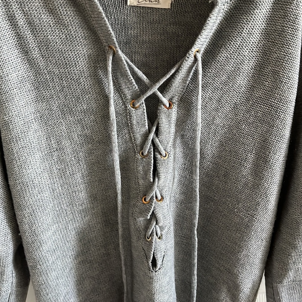 Elan Womens Lace Up Hoodie Sweater Size Small Gray 3/4 Sleeves Oversized BOHO - Picture 2 of 8
